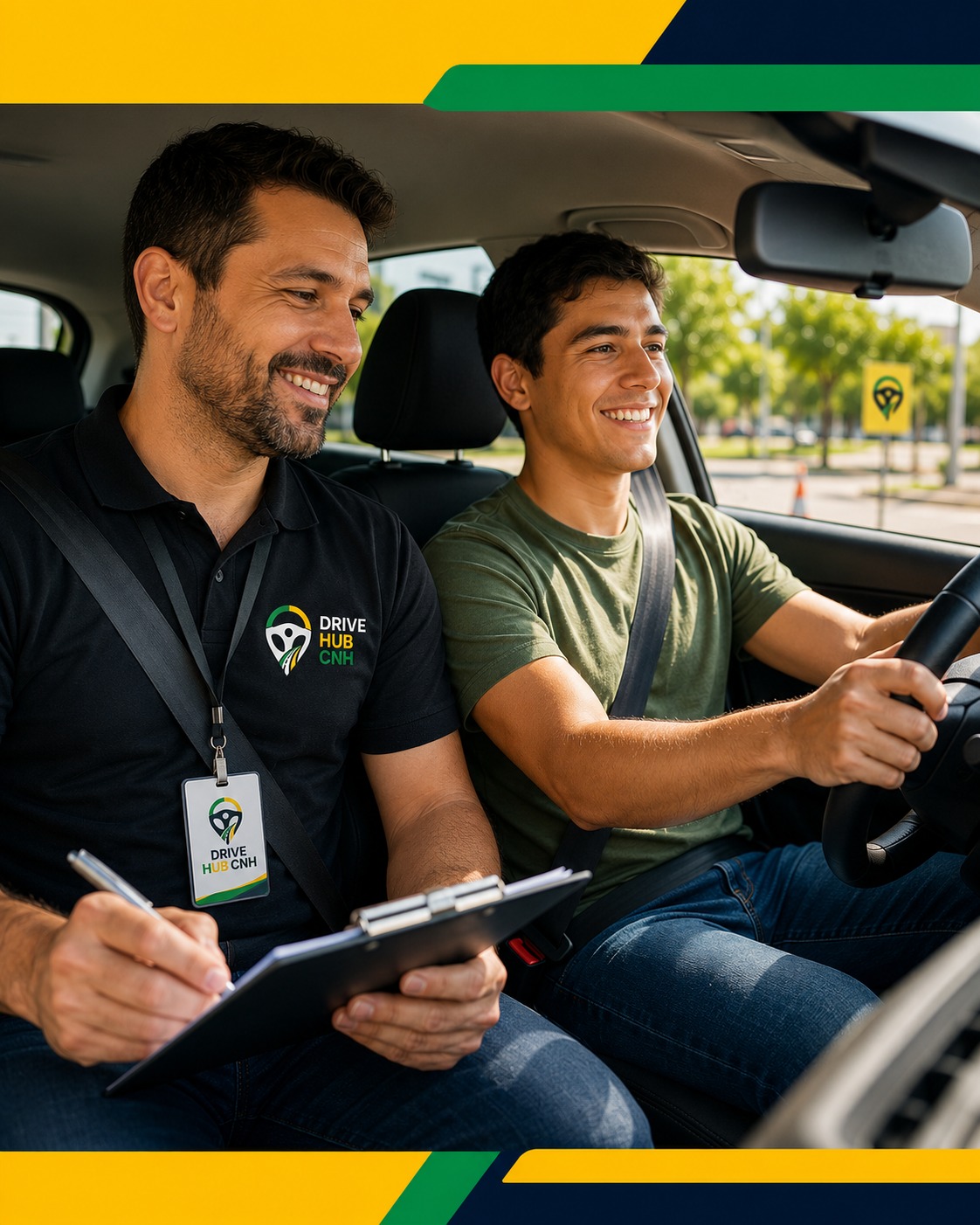 Instrutor Drive Hub CNH conduzindo aula prática com aluno ao volante